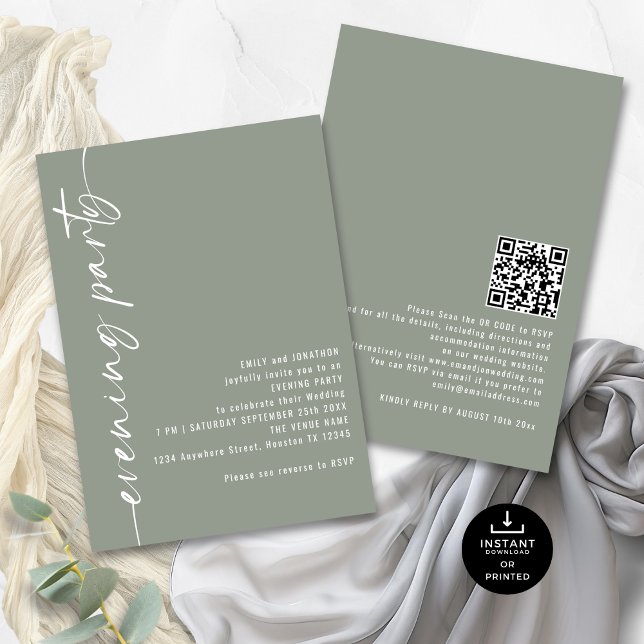 Calligraphy QR Sage Wedding Evening Party Guests Invitation (Front and back view)