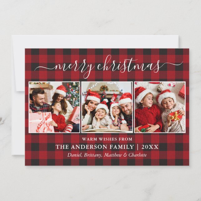 Calligraphy Red Buffalo Plaid 3 Photo Christmas Holiday Card (Front)
