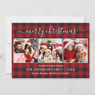 Calligraphy Red Buffalo Plaid 3 Photo Christmas Holiday Card