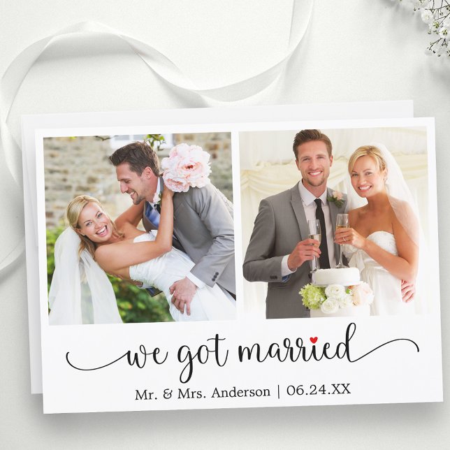 Calligraphy Red Heart 2 Photo We Got Married Announcement (Customize to change your personalized text size, text style or to add text to back of card.)