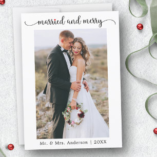 Calligraphy Red Heart Married and Merry Holiday Card