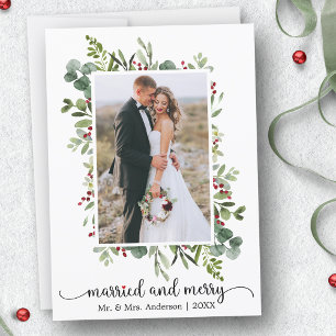 Calligraphy Red Heart Married and Merry Photo Holiday Card