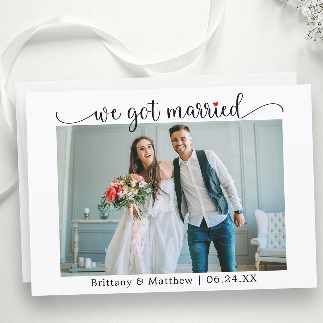 Calligraphy Red Heart We Got Married Photo Wedding Announcement (Customize to change your personalized text size, text style or to add text to back of card.)