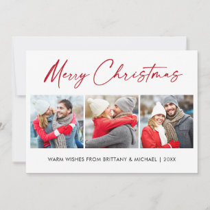 Calligraphy Red Ink 3 Photo Couple Christmas Holiday Card
