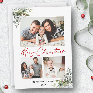 Calligraphy Red Ink 3 Photo Greenery Berries Holiday Card