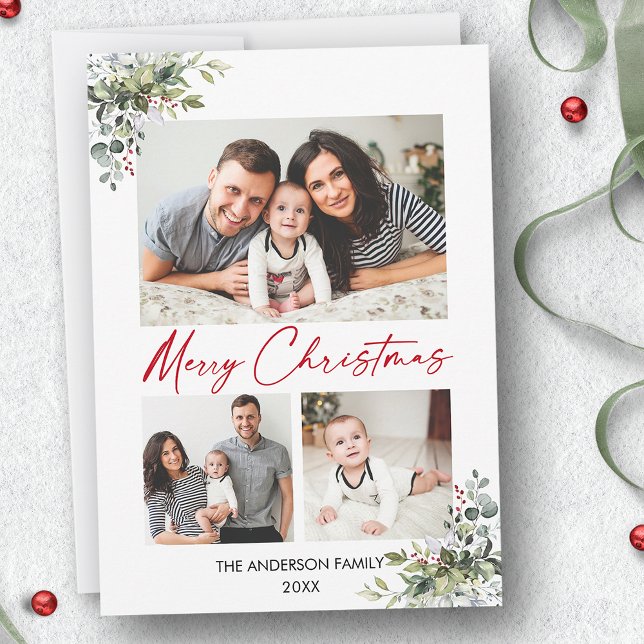 Calligraphy Red Ink 3 Photo Greenery Berries Holiday Card (Customize to change your personalized text size or text style.)