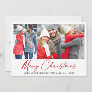Calligraphy Red Ink Pen Christmas 3 Photo Couple Holiday Card