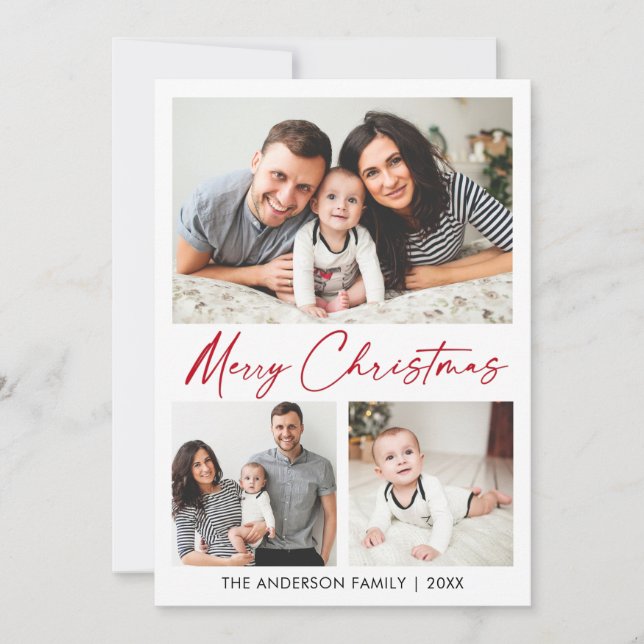 Calligraphy Red Ink Script Christmas 3 Photo Holiday Card (Front)