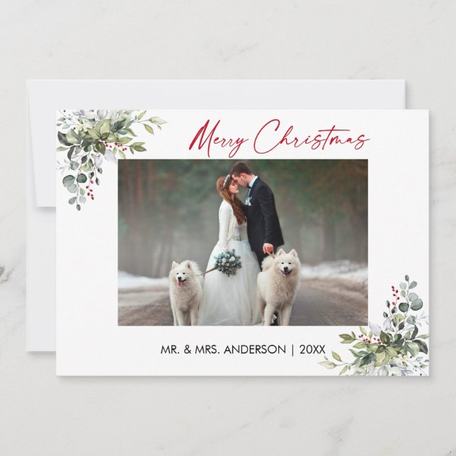 Calligraphy Red Ink Script Greenery Berries Couple Holiday Card (Front)