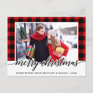 Calligraphy Red Plaid Couple Photo Christmas Postcard