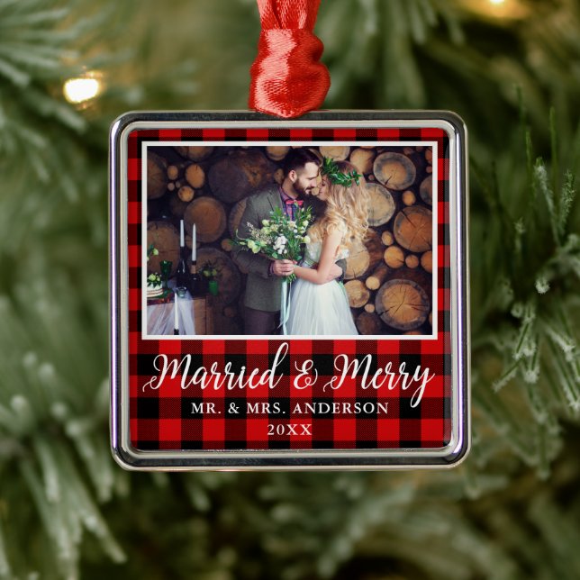 Calligraphy Red Plaid Married and Merry Metal Ornament (Tree)