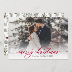 Calligraphy Red Script Foliage Photo Christmas  Holiday Card