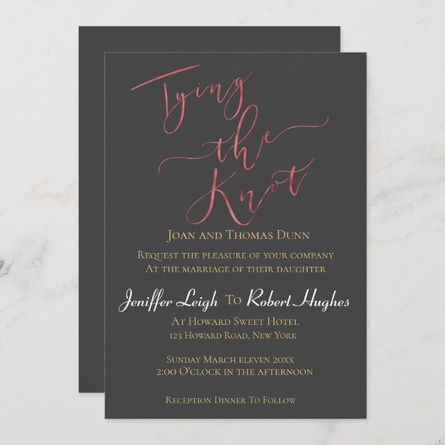 Calligraphy Rose Gold Tying the Knot Foil Wedding Invitation (Front/Back)