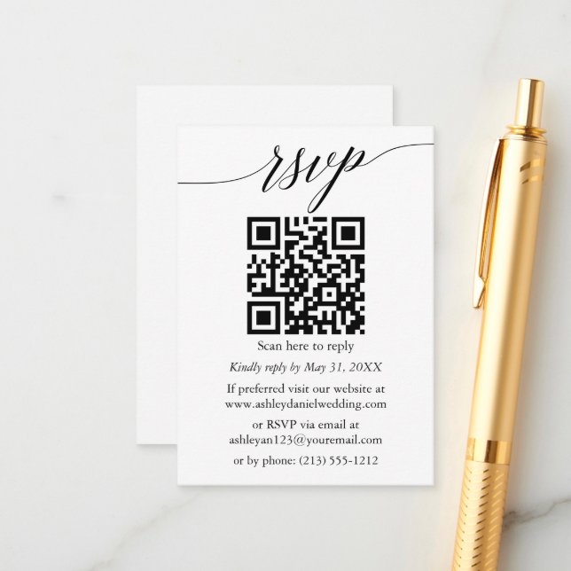 Calligraphy RSVP Wedding Minimalist Simple QR Enclosure Card (Front/Back In Situ)