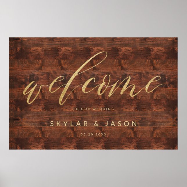 Calligraphy Rustic Wood & Gold Welcome Wedding Poster (Front)