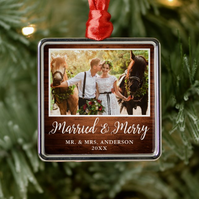 Calligraphy Rustic Wood Married and Merry Metal Ornament (Tree)