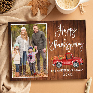 Calligraphy Rustic Wood Photo Thanksgiving Truck Postcard