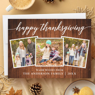 Calligraphy Rustic Wood Thanksgiving 3 Photos Holiday Card