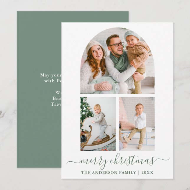 Calligraphy Sage Green 3 Photo Arch Christmas Holiday Card (Front/Back)