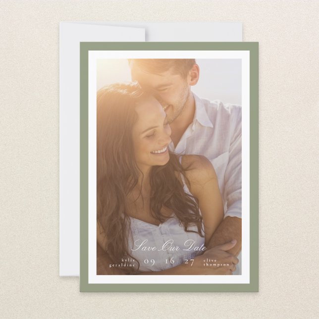 Calligraphy & Sage Green Framed Classic photo Save The Date (Creator Uploaded)