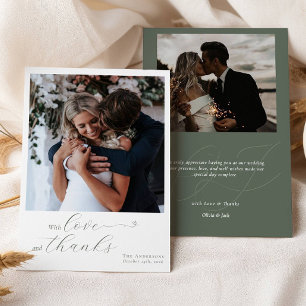 Calligraphy Sage Green Heart Wedding 2 Photos Thank You Card