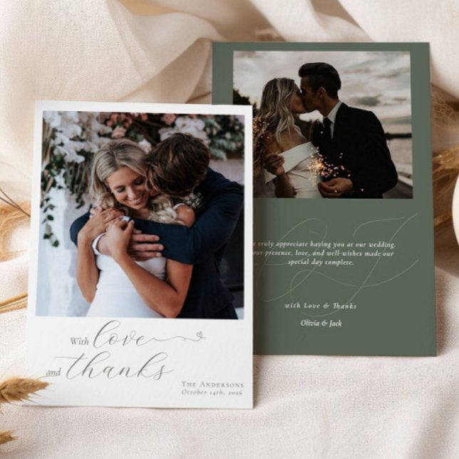 Calligraphy Sage Green Heart Wedding 2 Photos Thank You Card (Creator Uploaded)