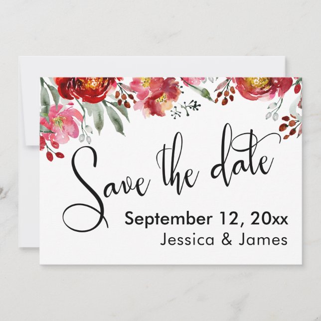 Calligraphy Save the Date Burgundy Red Flowers (Front)