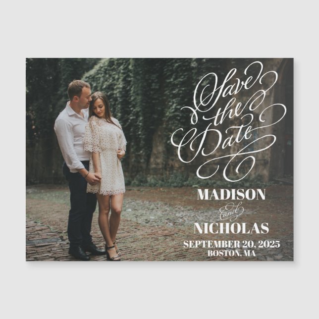Calligraphy Save the Date Card Magnet with Photo (Front)