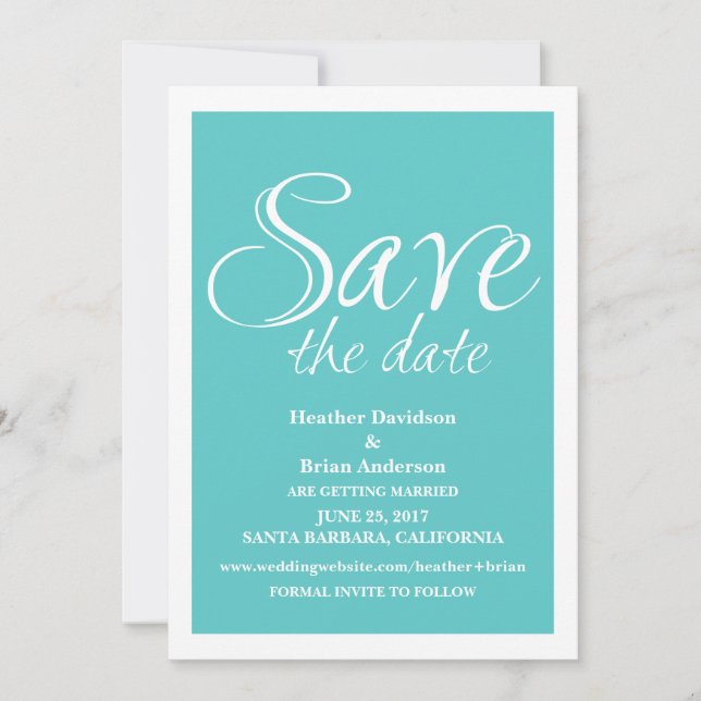 Calligraphy Save the Date Invite, Turquoise (Front)