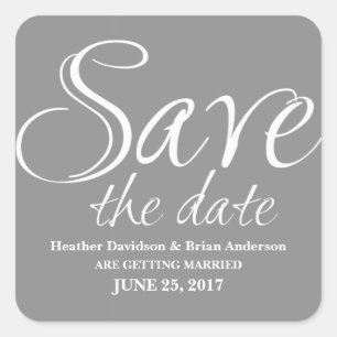 Calligraphy Save the Date Stickers, Grey Square Sticker