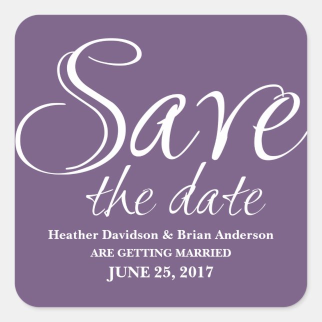 Calligraphy Save the Date Stickers, Purple Square Sticker (Front)