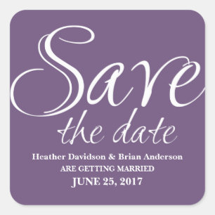 Calligraphy Save the Date Stickers, Purple Square Sticker