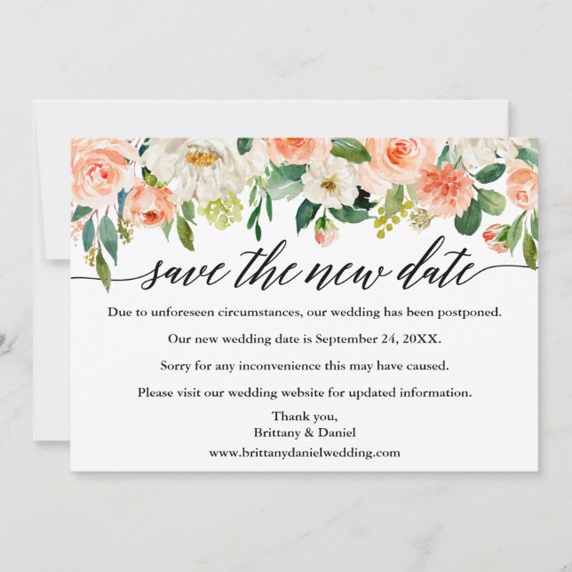 Calligraphy Save The New Date Coral Floral Card (Front)