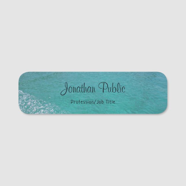 Calligraphy Script Blue Green Sea Template Aqua Name Tag (Front)