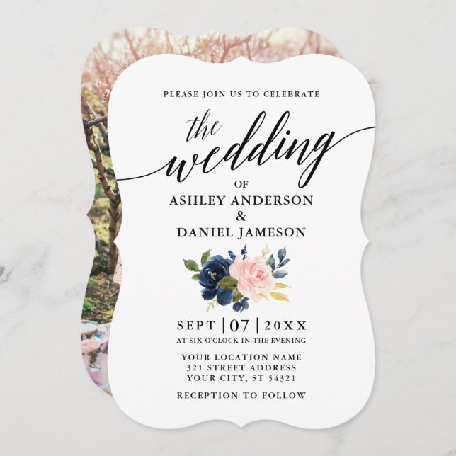 Calligraphy Script Blue Pink Floral Photo Wedding Invitation (Front/Back)