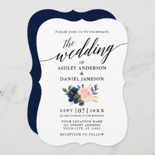Calligraphy Script Blue Pink Floral Wedding Invitation