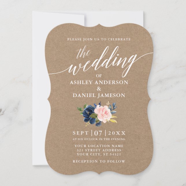 Calligraphy Script Blue Pink Floral Wedding Kraft Invitation (Front)