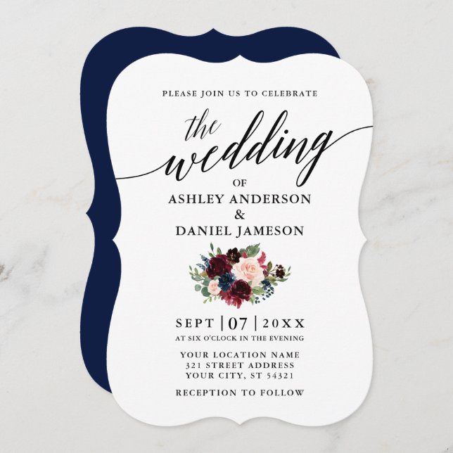 Calligraphy Script Burgundy Blue Floral Wedding Invitation (Front/Back)