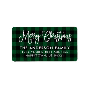 Calligraphy Script Christmas Green Plaid Address Label