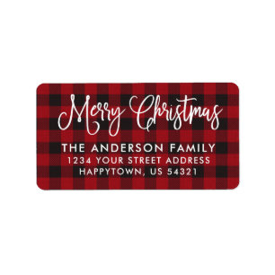 Calligraphy Script Christmas Red Plaid Address Label
