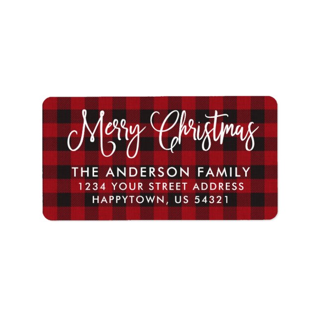 Calligraphy Script Christmas Red Plaid Address Label (Front)