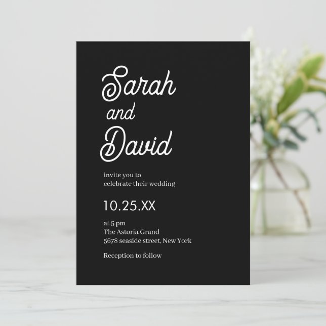 Calligraphy script classic black and white wedding invitation (Standing Front)