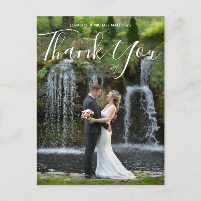 Calligraphy script custom photo wedding thank you postcard (Front)