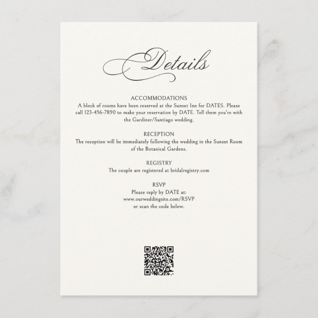 Calligraphy Script Details Wedding Enclosure Card (Front)