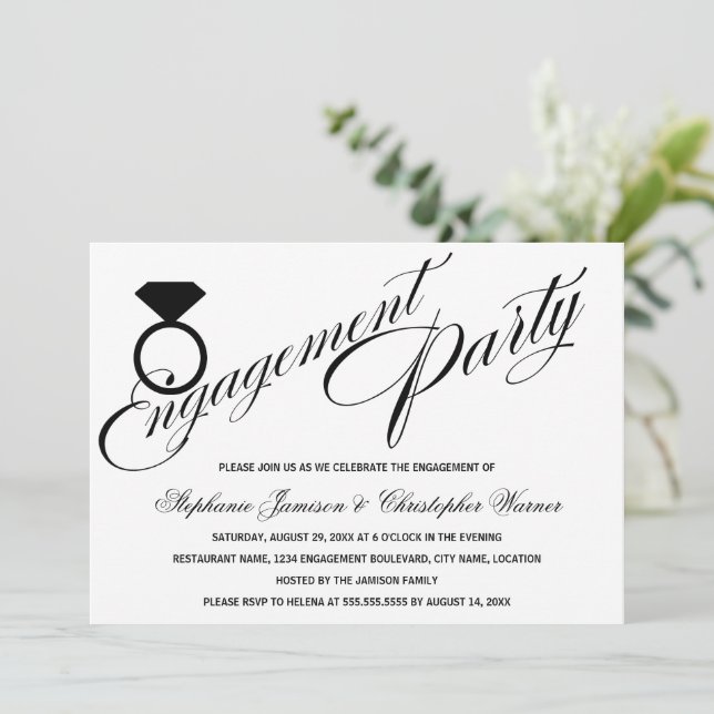Calligraphy Script Diamond Ring Engagement Party Invitation (Standing Front)