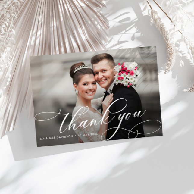 calligraphy script double sided wedding photo thank you card (Creator Uploaded)