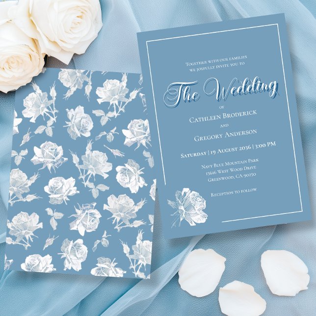 Calligraphy Script Dusty Blue White Floral Wedding Invitation (Creator Uploaded)