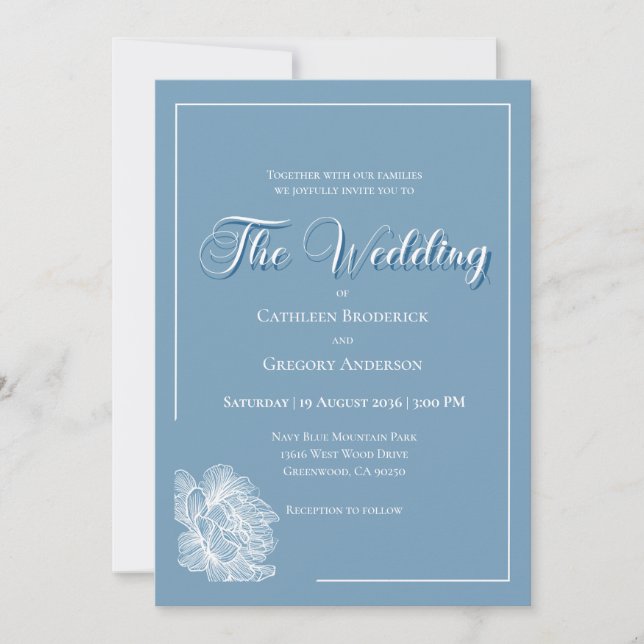 Calligraphy Script Dusty Blue White Floral Wedding Invitation (Front)
