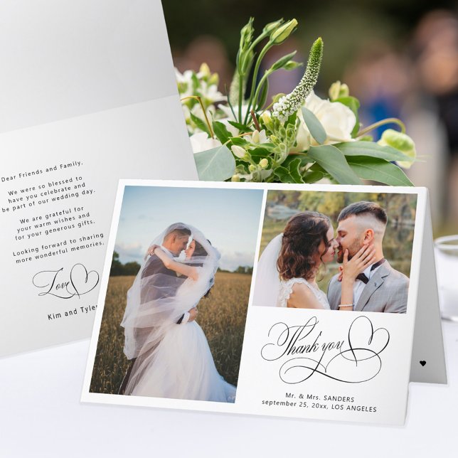 Calligraphy script elegant 2 photo wedding  thank you card (Creator Uploaded)