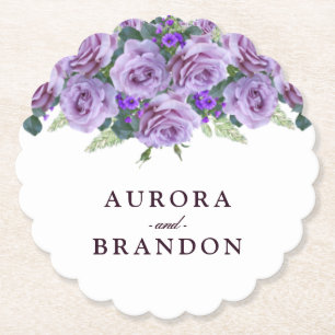 Calligraphy Script Elegant Purple Floral Wedding Paper Coaster